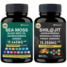 15-in-1 Sea Moss & 8-in-1 Shilajit Ashwagandha Supplement Bundle Energy Mood Support 60 Capsules Each (Option: 1)